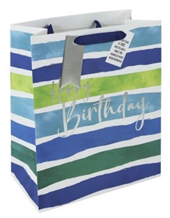 Large Birthday Gift Bag - Blue Green and White Stripe with Silver Foil 13x10.5"