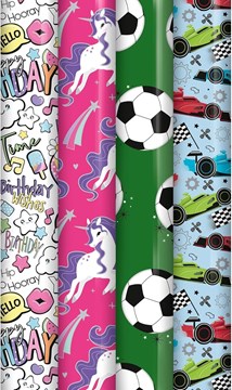 12m Children's Gift Wrapping Paper Roll - 4 x 3m Boy's & Girl's Mixed Designs
