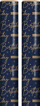 6m Happy Birthday Gift Wrapping Paper Roll - 2x3m - Blue with Gold Writing Stars