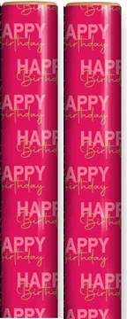 6m Happy Birthday Gift Wrapping Paper Roll - 2 x 3m - Pink with Gold Writing