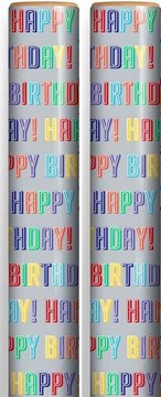 6m Gift Wrapping Paper Roll - 2x3m Silver with Multicoloured Happy Birthday