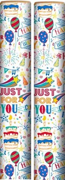 6m Happy Birthday Gift Wrapping Paper Roll - 2x3m White Multicoloured Just For