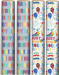 12m Happy Birthday Gift Wrapping Paper - 4 x 3m Roll's - Silver and White Unisex