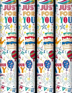 12m Birthday Gift Wrapping Paper 4x3m White with Multicoloured Balloons Cake