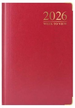 2026 A6 Week To View Hardback Diary with Ribbon Marker Metal Corners - Red