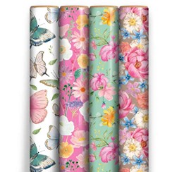 12m Floral Gift Wrapping Paper - 4 x 3m Roll's - Flower Butterfly Designs