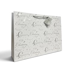 Extra Large Christening Gift Bag - Landscape White Silver Writing 17.5x13x4"