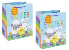 2 x Large Happy Easter Gift Bags Chick Bunny Lamb with decorated Eggs 13"x10.5"