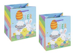 2x Medium Happy Easter Gift Bag - Chick Bunny & Lamb with Decorated Eggs 10x8.5"