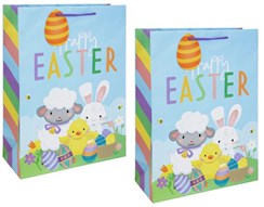 2 x Extra Large Happy Easter Gift Bags Chick Bunny Lamb and Decorated Eggs 18x13