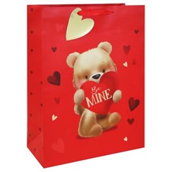 Extra Large Valentine's Day Gift Bag with Tag - Bear with Red Heart Gold Foil