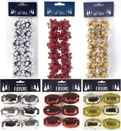 Pack of 36 Christmas Glitter Gift Bows 18 Metallic Ribbon Cops - Silver Red Gold