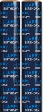 6m Happy Birthday Gift Wrapping Paper Roll - 2x3m - Blue with Silver Writing