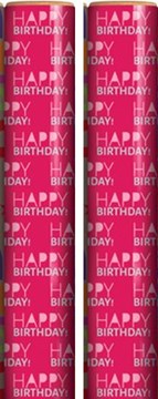 6m Happy Birthday Gift Wrapping Paper Roll - 2 x 3m - Pink with Silver Writing