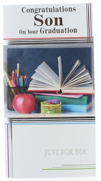 Son Graduation Greetings Card - Books, Apple Pens & Silver Foil 9" x 4.75" Son Graduation Greetings Card - Books, Apple Pens & Silver Foil 9" x 4.75"