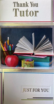 Thank You Tutor Card - Open Book with Pencils Apple and Silver Foil 9x4.75"