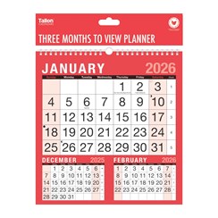 2026 Three Month To View Spiral Bound Wall Planner Calendar