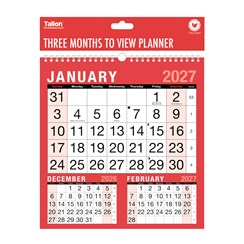 2027 Three Month To View Spiral Bound Wall Planner Calendar