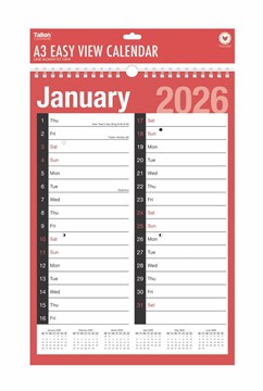 2026 A3 Extra Wide 2 Column Month To View Spiral Bound Wall Planner Calendar