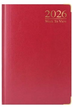 2026 A5 Week To View Hardback Diary with Metal Corners & Ribbon Marker - Red