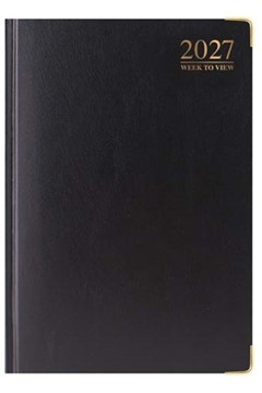 2027 A4 Week To View Padded Hardback Desk Diary with Metal Corners - Black