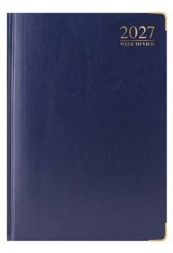 2027 A4 Week To View Padded Hardback Desk Diary with Metal Corners Blue