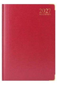 2027 A4 Week To View Padded Hardback Desk Diary with Metal Corners - Red