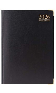 2026 A4 Week To View Padded Hardback Desk Diary with Metal Corners - Black