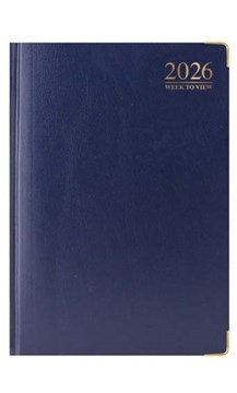 2026 A4 Week To View Padded Hardback Desk Diary with Metal Corners Blue