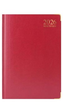 2026 A4 Week To View Padded Hardback Desk Diary with Metal Corners - Red