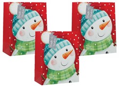 Set of 3 Medium Christmas Gift Bags with Glitter Tag - Red with Snowman