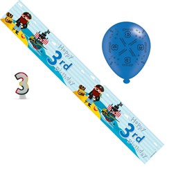 Age 3 Boy Birthday Party Pack - 3rd Banner, Balloons, Number Candle