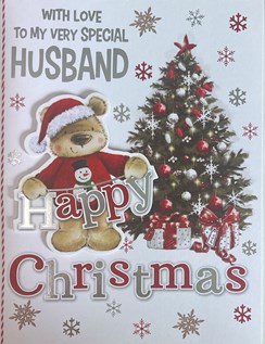 Husband Christmas Card - 3D Santa Bear Xmas Tree and Silver Foil 7.5x5.25"