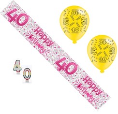Age 40 Female Birthday Party Pack - 40th Banner, Balloons, Number Candles Age 40 Female Birthday Party Pack - 40th Banner, Balloons, Number Candles
