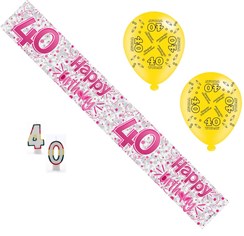 Age 40 Female Birthday Party Pack - 40th Banner, Balloons, Number Candles