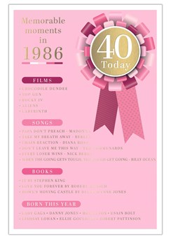 2026 40th Female Birthday Card - 1986 Was A Special Year - Pink 40 9x6"