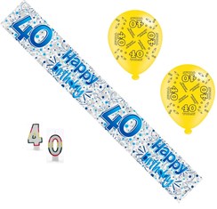 Age 40 Male Birthday Party Pack - 40th Banner, Balloons, Number Candles