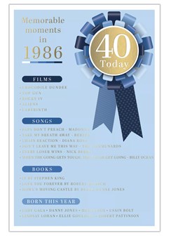 2026 40th Male Birthday Card - 1986 Was A Special Year - Blue 40 9x6"