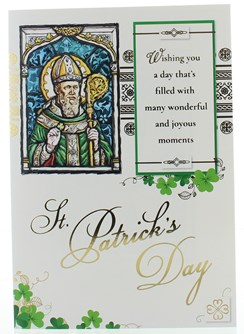 Happy St Patrick's Day Greetings Card - Stain Glass with Green Foil 7.5 x 5.25"