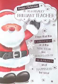 Teacher Christmas Card - Jolly Santa Waving with Snowflakes & Red Foil 7.5x5.5"