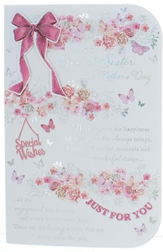 Sister Mother's Day Card - Pink Flowers and Butterflies with Silver Foil 9x6"