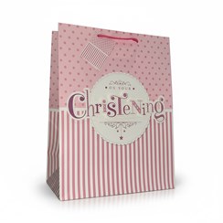 Large Christening Girl Gift Bag - Pink White Stripes and Spots 3d Letters 13x10" Large Christening Girl Gift Bag - Pink White Stripes and Spots 3d Letters 13x10"