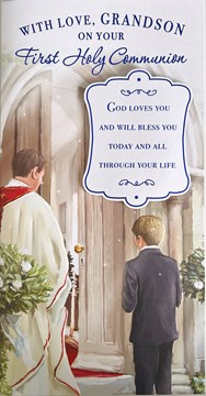 Grandson First Holy Communion Card - Priest & Boy Church Door Blue Foil 8.75x4"