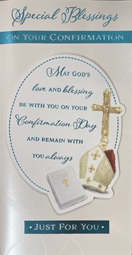 Confirmation Day Card - Special Blessings Holy Bible Cross and Blue Foil 9x4.75"