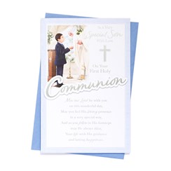 Sons First Holy Communion Greetings Card - Boy & Priest with Silver Foil 9" x 6"