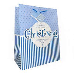 Large Christening Boy Gift Bag - Blue White Stripes and Spots 3d Letters 13x10"