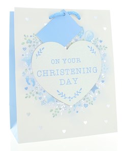 Medium Christening Boy Gift Bag - Blue Footprints Stars with Glitter Heart 9x7"