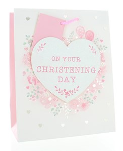 Medium Christening Girl Gift Bag - Footprints Flowers with Glitter Heart 9x7"