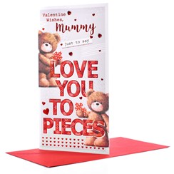 Mummy Valentine's Day Card - Brown Bears Jewel Hearts Red Foil 9x4.75"