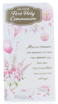 First Holy Communion Greeting Card - Pink Flowers Balloons Gold Foil 8.75x4" First Holy Communion Greeting Card - Pink Flowers Balloons Gold Foil 8.75x4"